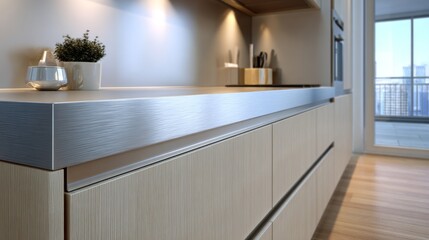Modern kitchen countertop with stainless steel surface and light wood cabinets near balcony