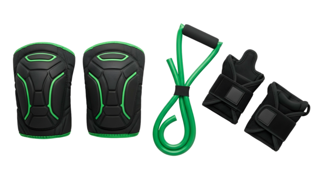 A set of fitness equipment in black and green, including knee pads, a resistance band, and wrist wraps - Powered by Adobe