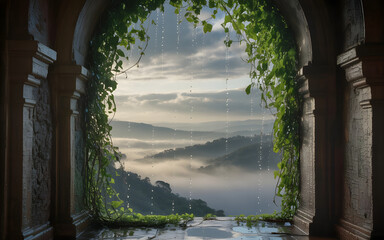 Monsoon Stone Arch Backdrop Over Misty Indian Valley with Emerald Vines and Rainlight Romance
