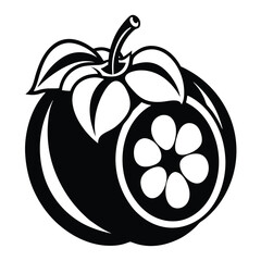 Striking black and white persimmon shows a distinctive inside with leaves in simple monochrome