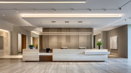 Modern reception desk lobby area with contemporary lighting and neutral earth tones