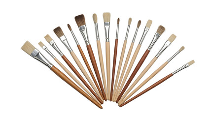 Assorted artist paintbrushes radiating outward, various sizes, wooden handles, isolated black