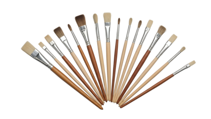 Assorted artist paintbrushes radiating outward, various sizes, wooden handles, isolated black
