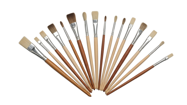 Assorted artist paintbrushes radiating outward, various sizes, wooden handles, isolated black