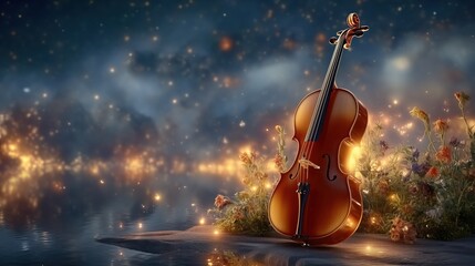 Fototapeta premium Hobby music atmosphere shaped by glowing instrument in soft fantasy meadow offering inspiring creative symbolism favored by buyers searching expressive uplifting imaginative visuals