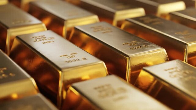 Shiny gold bars stacked in neat rows warm reflections metallic luster, wealth and enduring solidity