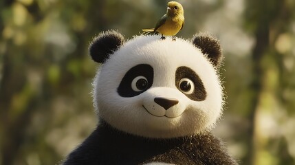 Obraz premium Stuffed panda with a friendly bird perched on its head