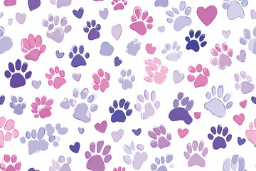 Cute and simple design of pets paw and hearts print in lavender pastel colors on a light background ideal for fabric design, textiles, clothing, illustration, abstract & backgrounds