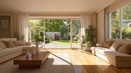 Fototapeta premium A spacious light-filled modern family room with large sliding doors opening to a backyard Neutral-toned furniture with clean
