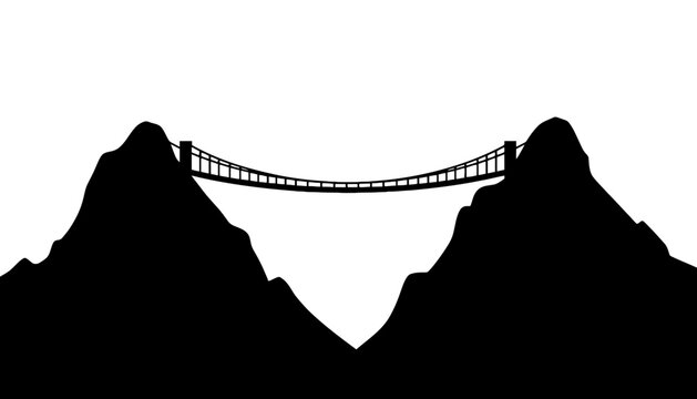 A suspension bridge connects two mountain peaks in a dramatic landscape