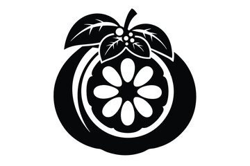 Stylized black citrus fruit shows leaves, stem, seeds, and segmented interior details