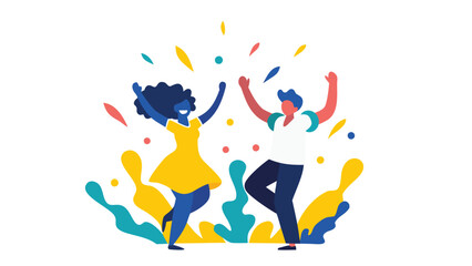 Conceptual illustration of uninhibited joy featuring two figures expressing pure happiness and freedom in a vibrant colorful design