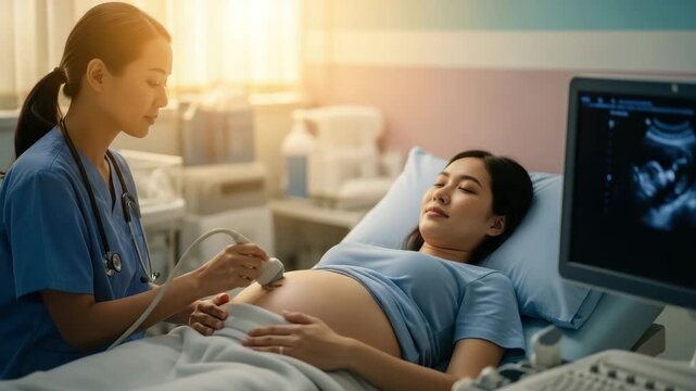 A healthcare professional performs a prenatal ultrasound for a patient at a medical clinic