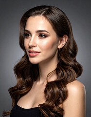 Fototapeta premium A portrait of a woman with long, wavy hair, featuring a soft smile, highlighted makeup, and a neutral background, showcasing beauty and elegance.