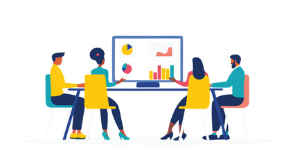 Detailed flat vector illustration showcasing a diverse team collaborating in a modern office environment emphasizing inclusivity and teamwork