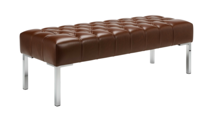 Brown leather tufted bench with chrome legs, isolated on black background