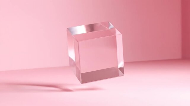 A transparent, hollow cube floats, casting a shadow on a soft pink surface. The cube reflects the background