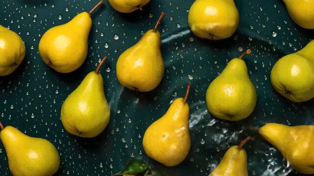 Fresh yellow pears with water drops background
