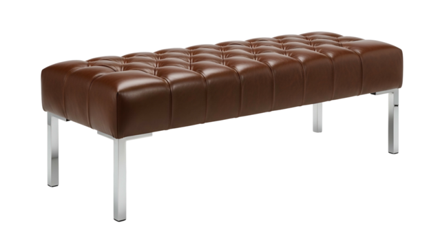 Brown leather tufted bench with chrome legs, isolated on black background