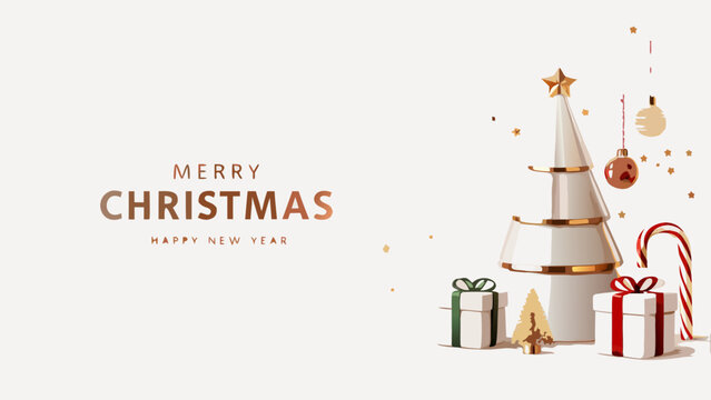 Elegant merry christmas and happy new year greeting with festive decorations including a stylized tree gifts and ornaments on a soft background