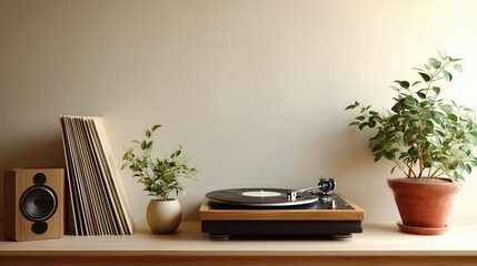 Hobby music scene presenting cozy vinyl setup with simple plants and organized records creating soothing interior mood ideal for brands searching authentic minimal lifestyle visuals