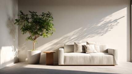 Modern beige sofa in bright interior corner with potted tree casting leaf shadows