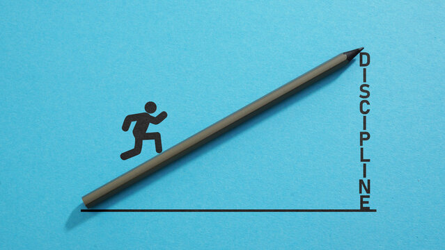 Self-Discipline Growth Concept with Running Figure Climbing Pencil Graph on Blue Background as the Way to Success