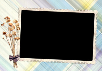 Vintage album page with retro photo frame. Nostalgic scrapbooking style. Retro background with old...