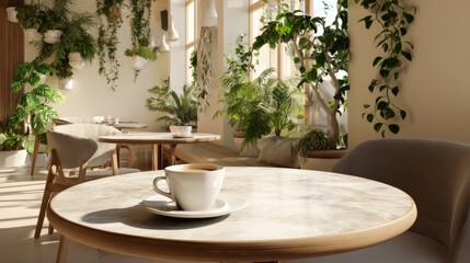 Coffee cup resting on marble table inside bright room filled with abundant green hanging plants