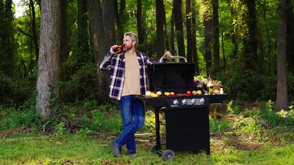 Grilled food in outdoor nature. Relaxed cook. Barbeque grill with summer sunlight. Cooking meat on the grill during weekend picnic. Grilled steak aroma in the garden. Mature man near barbeque grill.