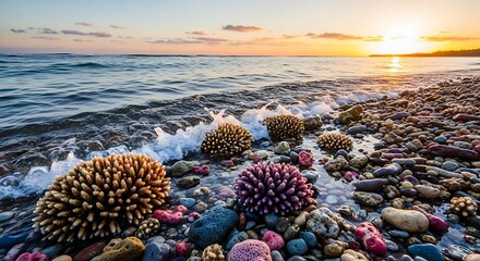 Colorful Coral Washed Ashore on a Pebbled Beach at Sunset.