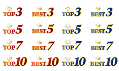TOPとBESTのランキングロゴのイラストセット。赤と青をメインカラーにし、王冠を添えた光沢のあるデザイン。白背景にベクターイラスト。
