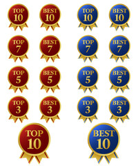 光沢のあるランキングのアイコンセット。BESTとTOPの文字。赤と青を基調に、リボンを添えたデザイン。白背景にベクターイラスト。
