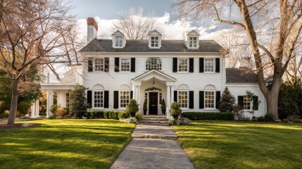 A stately Colonial-style home with a white brick exterior and a symmetrical front The wide well-lit lawn and