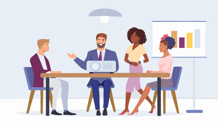 Diverse business professionals collaborate in a modern meeting room presenting data on a projector screen and whiteboard