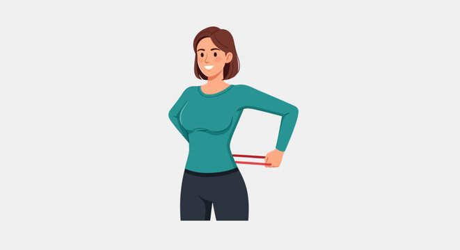 A cartoon woman measuring her waist with a red tape, smiling, representing fitness and body goals.