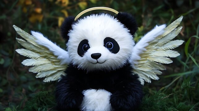 Stuffed panda with angelic wings and halo