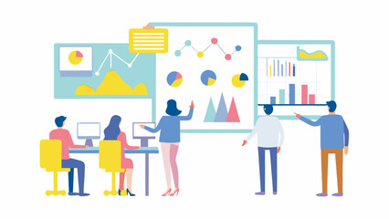 Team collaborates on data analysis with charts and graphs displayed on screens during a business meeting presentation