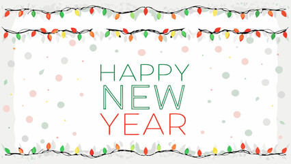 Festive happy new year greeting card with colorful string lights and scattered confetti on a textured white background