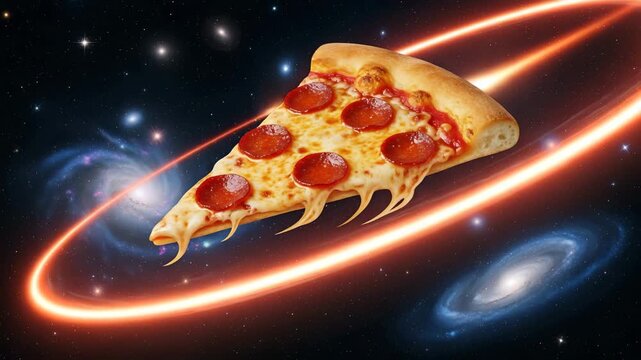 Pepperoni pizza slice floating through the cosmos with glowing cosmic ring