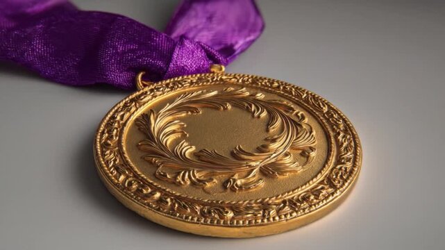A radiant gold circular medal with ornate relief, tied to a purple satin ribbon on a smooth surface