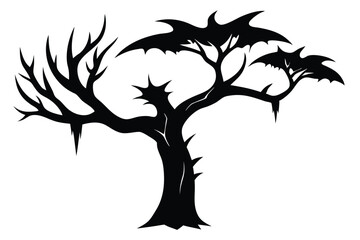 An eerie tree with batwing foliage and sharp thorns creates spooky silhouette art