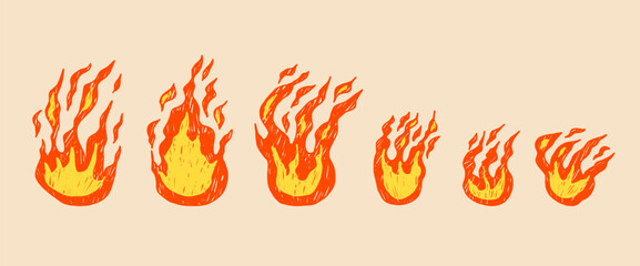 Hand-drawn campfire flames pastel collection. Doodle fire icons with rough brush strokes, perfect for graphic design projects and grunge illustrations. Vector crayon burning elements isolated. © Syuzann q