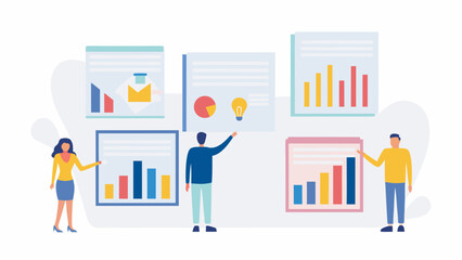 Business professionals presenting data charts and graphs on screens in a modern office setting illustrating analysis and strategy