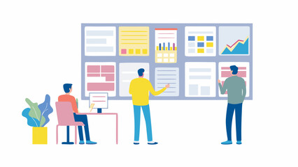 Team collaborates on a large display board filled with charts and documents discussing project progress and data analysis in a modern office setting