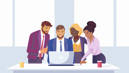 Diverse group of professionals collaborating around a laptop in a modern office setting discussing ideas and working together