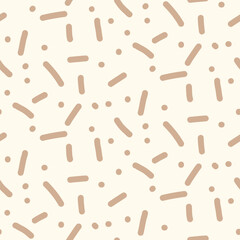 Small spots seamless pattern. Beige sprinkles dash lines background. Boho simple confetti wallpaper. Cute baby vector surface design. Simple repeat illustration print. Calm design in pastel colors.