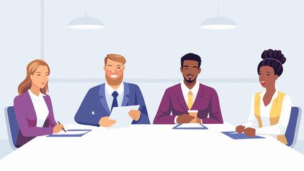 Diverse business professionals collaborating and discussing ideas around a conference table in a modern office setting