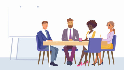 Diverse business professionals in a meeting collaborating around a table with a whiteboard in the background