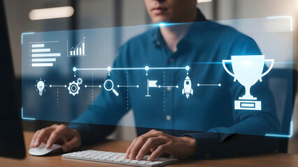 Business and project roadmap concept with computer and virtual screen overlay
Strategic planning steps, waypoint icons, and goal achievement in digital business process